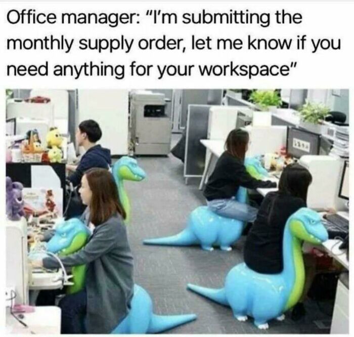 Office workers on whimsical blue dinosaur chairs at their desks, a truly wholesome pic.