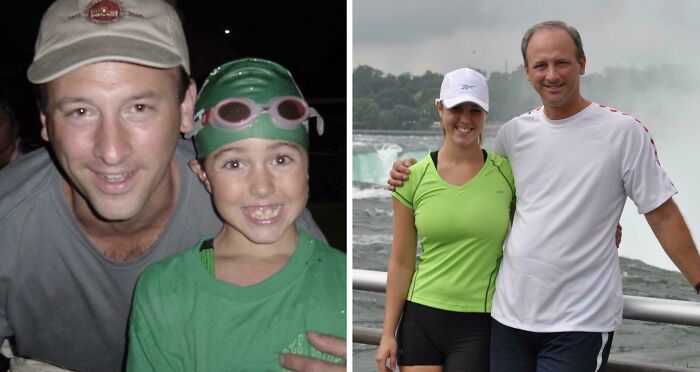 A wholesome pic of a man with his daughter. First, as a young swimmer; then as an adult woman by a waterfall.