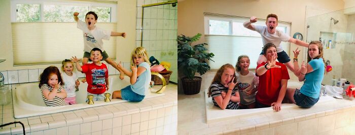 Wholesome pics showing kids reenacting a fun photo from their younger years in the same bathtub.