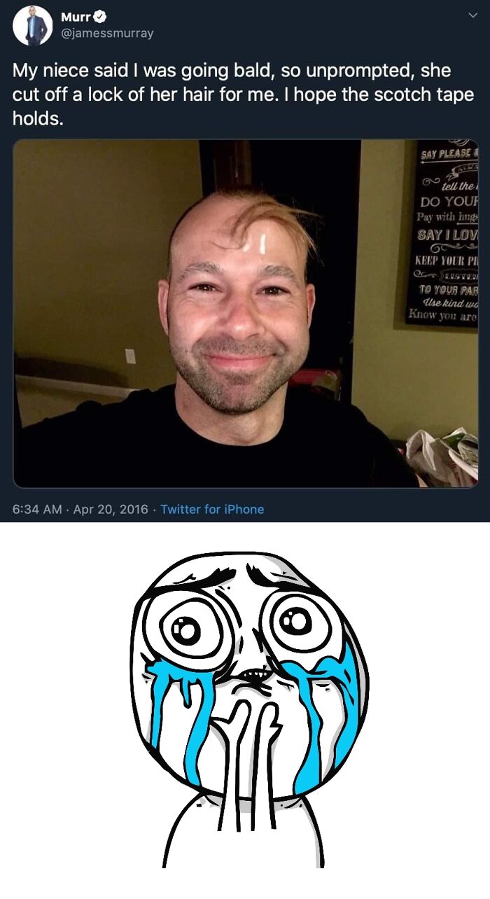 A wholesome picture of a man with his niece's hair taped to his head, a meme of a crying figure below.
