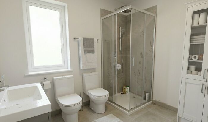Modern bathroom featuring two toilets and a glass shower enclosure