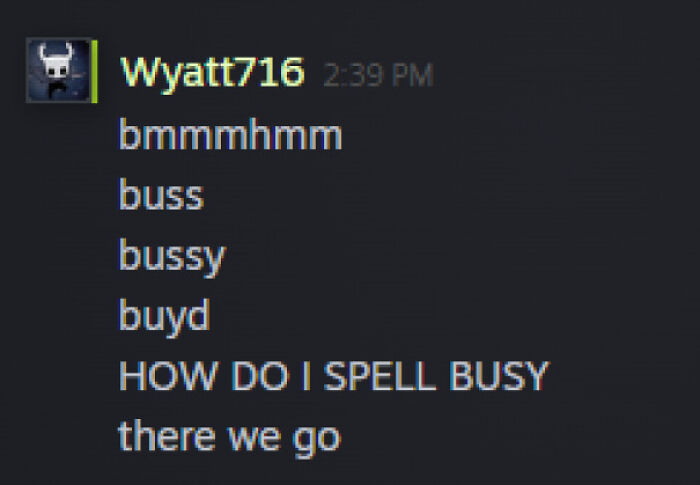 A chat conversation shows a user struggling with typos, repeatedly trying to spell "busy." This demonstrates amusing human error.