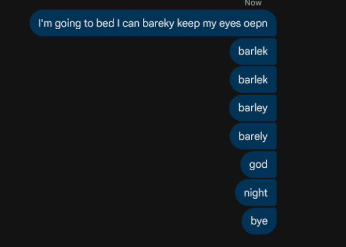 A dark blue text message screen showing numerous typos as a user tries to type barely, illustrating stroke-induced communication challenges.