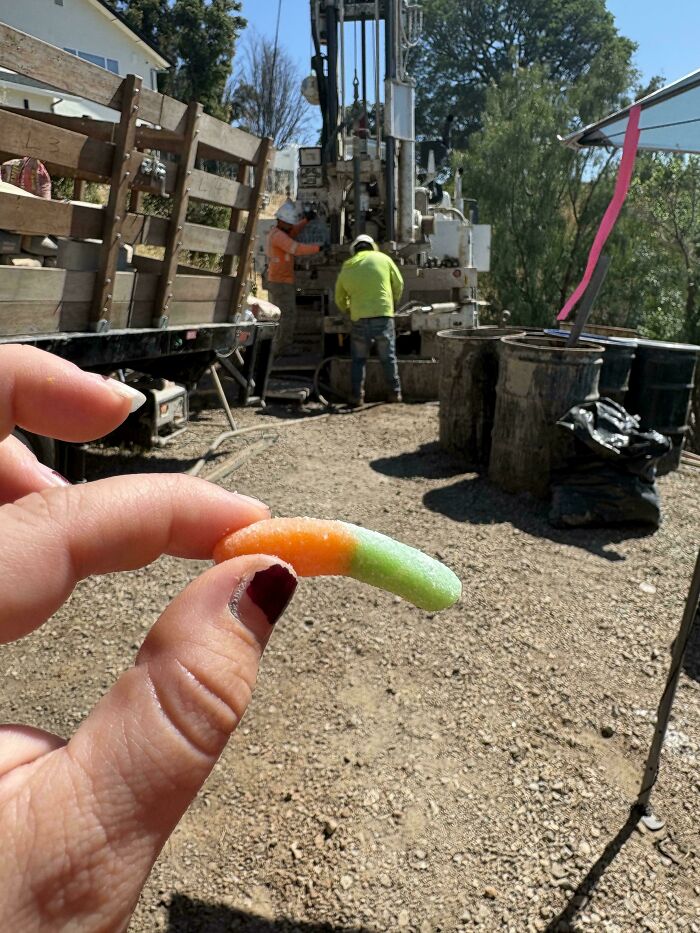 A hand holding an orange and green gummy worm in the foreground, with construction workers in the background. Accidental color matches.