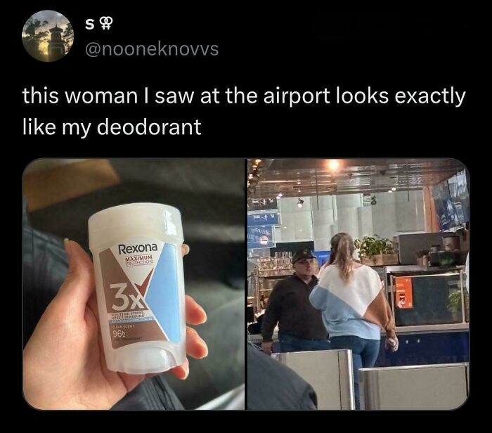 A woman's sweatshirt perfectly matches a Rexona deodorant stick, a funny example of accidental color matches that lower cortisol levels.