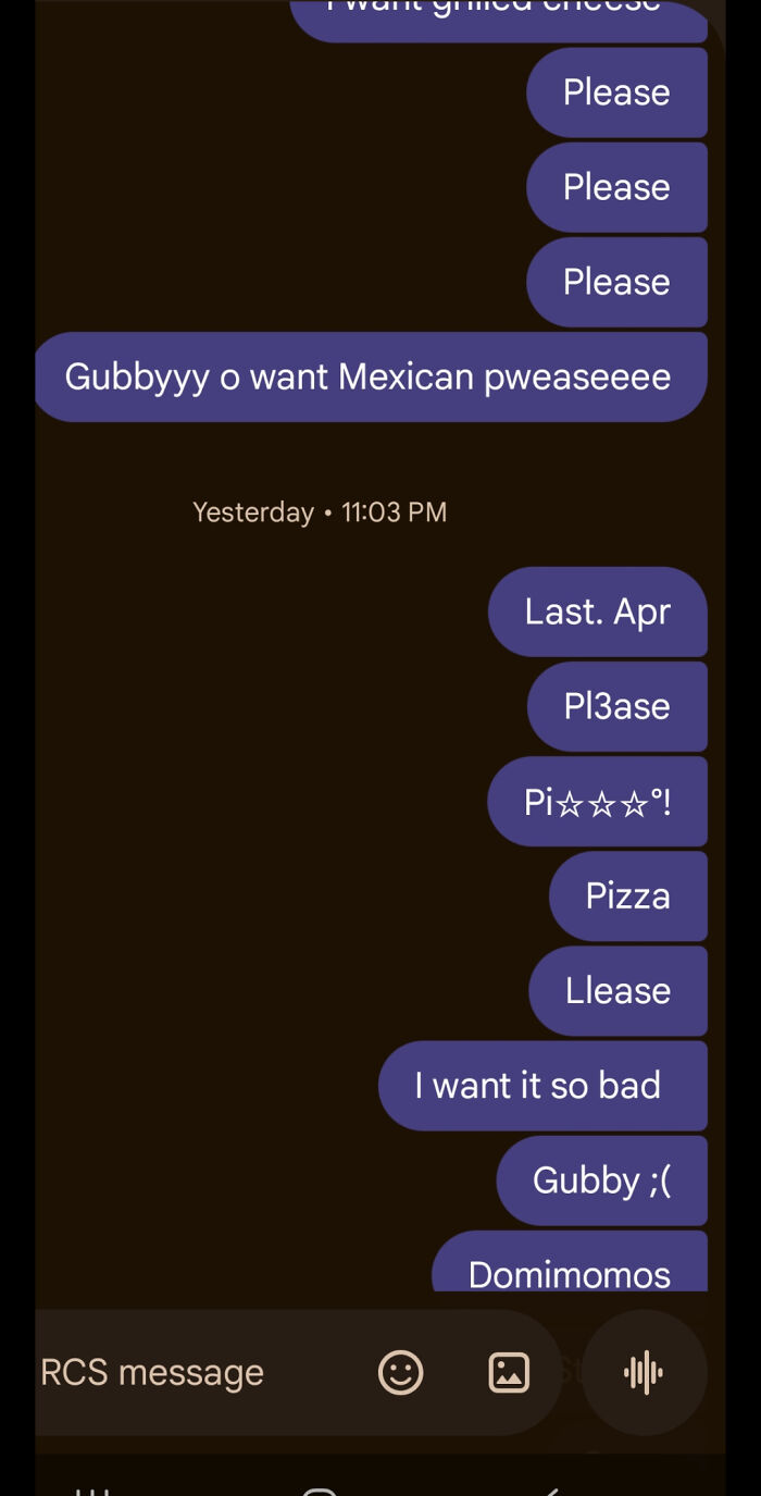 A mobile screen showing various text messages with amusing typos like "Domimomos" and "pweaseeee," highlighting common texting errors.