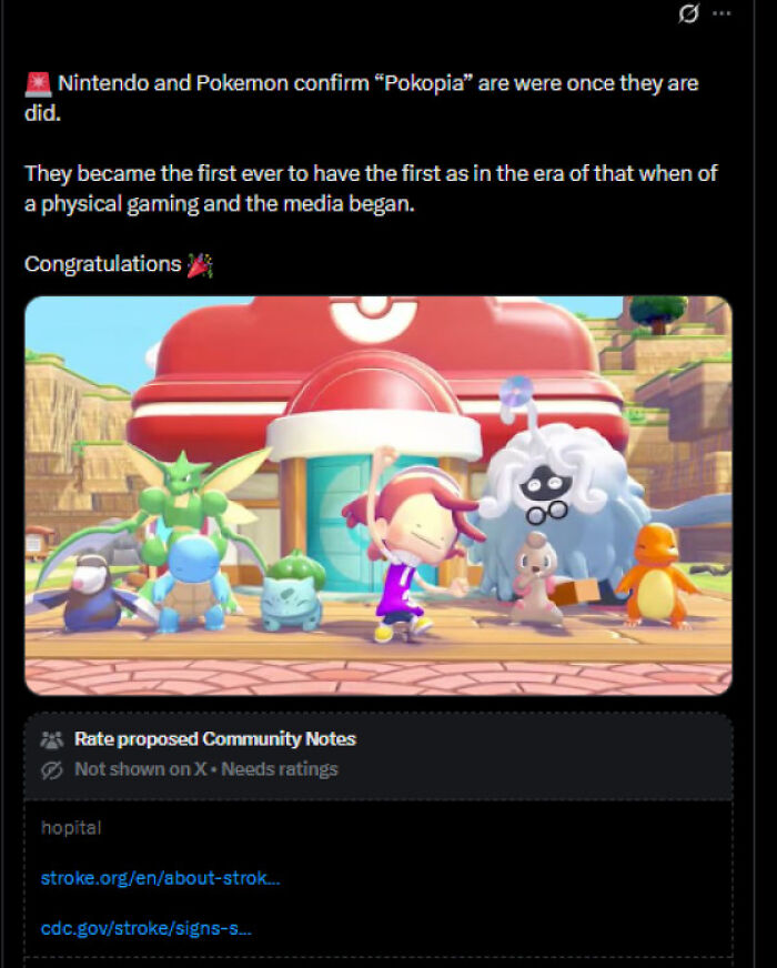 A screenshot showing a Reddit post about typos in a Nintendo/Pokemon announcement, with a stroke warning.