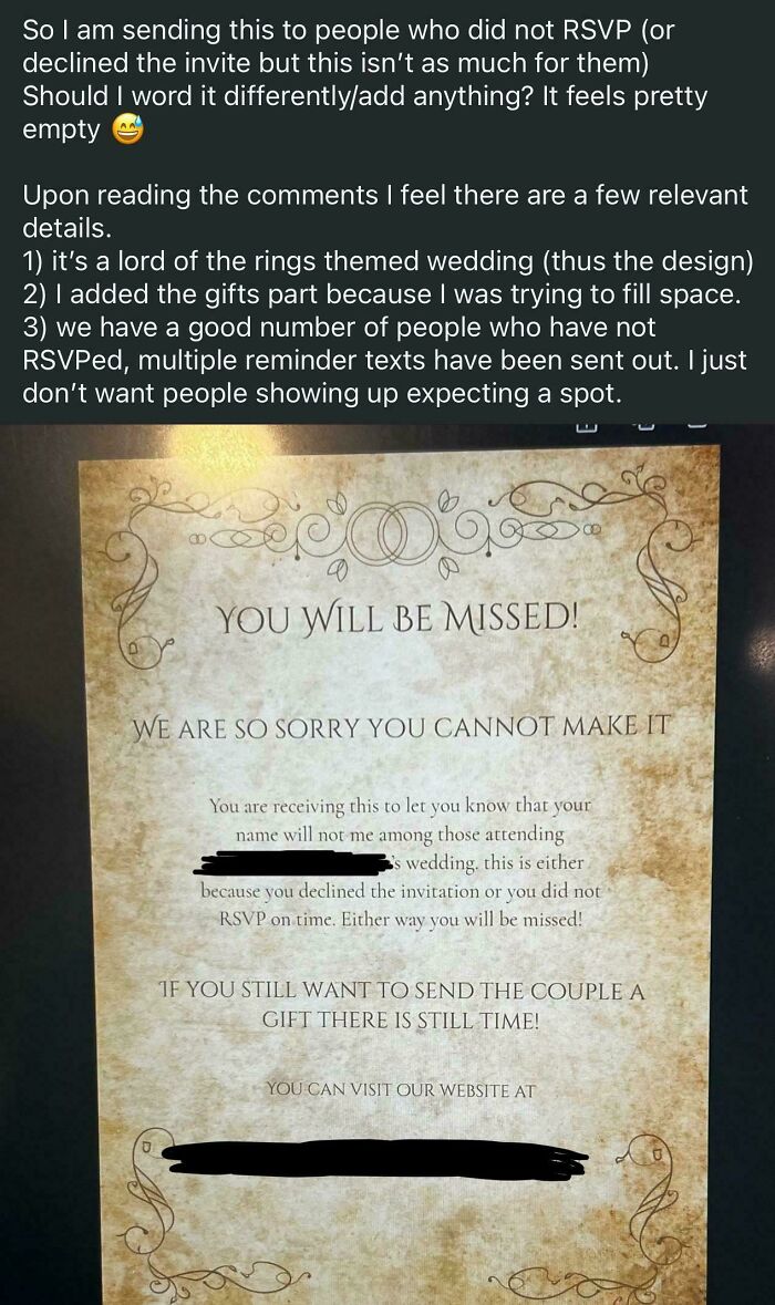 A wedding invitation for guests who did not RSVP or declined, sparking discussion on Lunatic Brides for being out of touch.