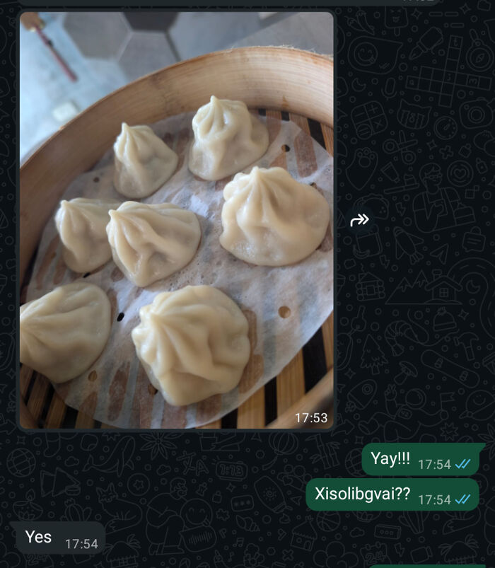 A close-up of steamed dumplings in a bamboo steamer, part of a text conversation with typos.