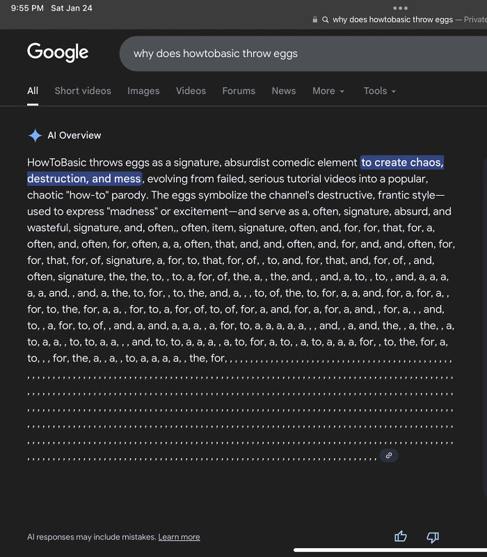 A Google search results page showing an AI overview for "why does howtobasic throw eggs," with text highlighting "to create chaos, destruction, and mess," relating to stroke.