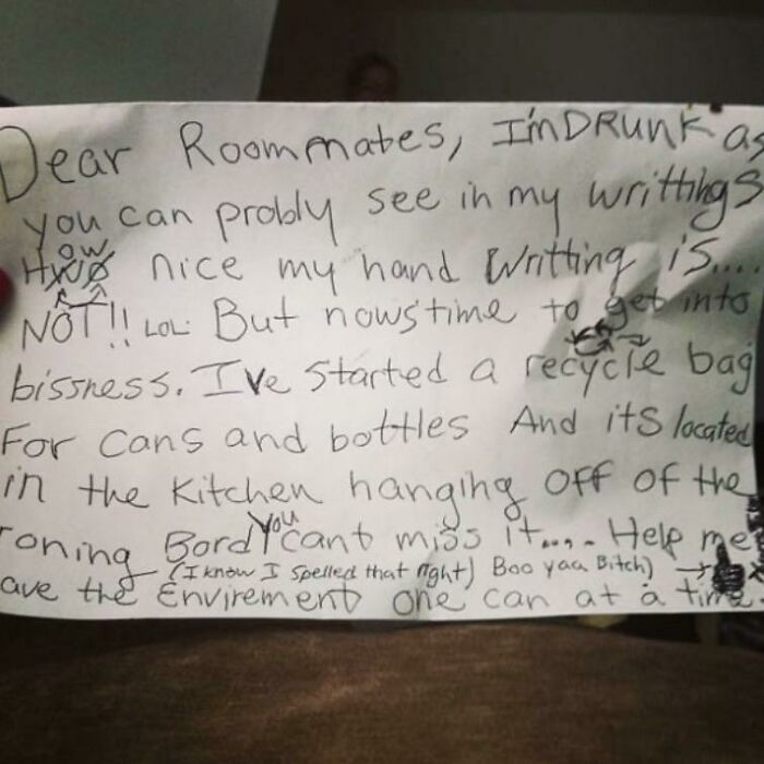 A handwritten, slightly tipsy note from a roommate about recycling, providing wholesome pics humor.