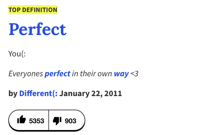 A wholesome pic: Urban Dictionary defines Perfect as You: Everyone's perfect in their own way 