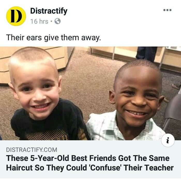 Two wholesome pics of smiling young boys with matching buzz cuts, who are best friends trying to confuse their teacher.
