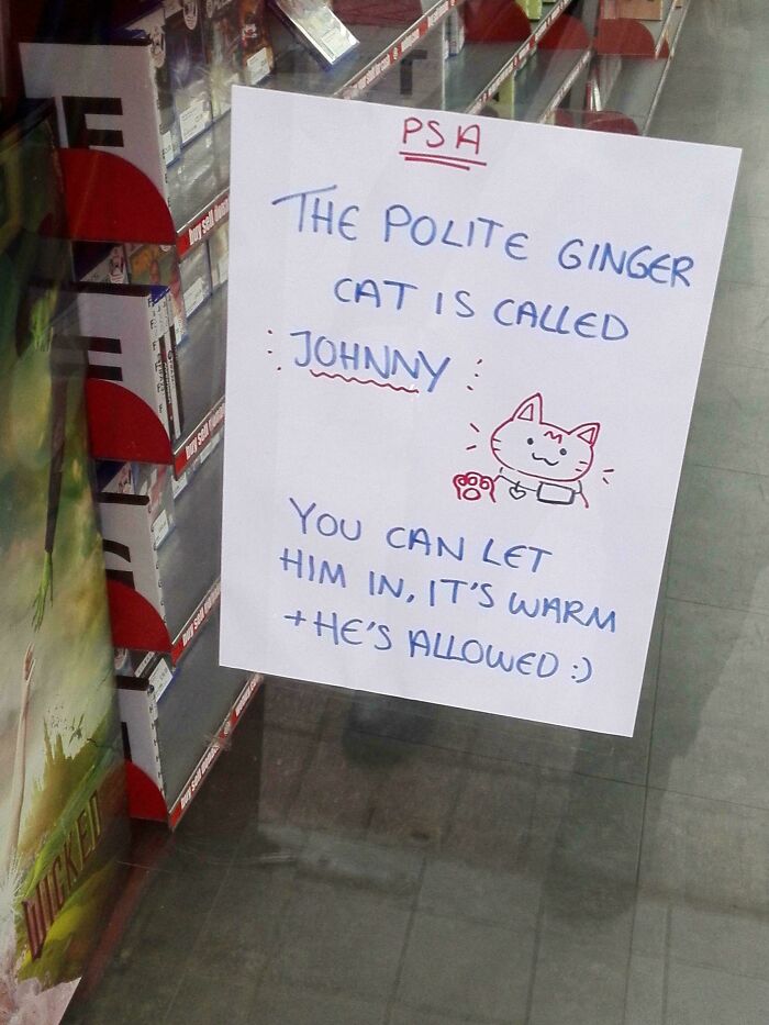 A handwritten sign asks people to let a polite ginger cat named Johnny into the warm store. Wholesome pics.