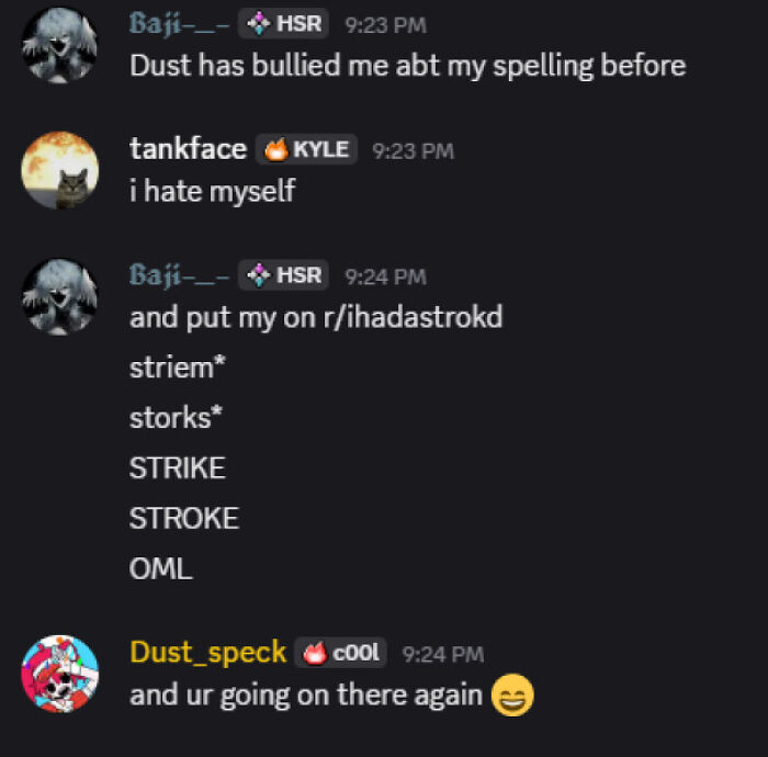 A Discord chat showcasing humorous typos leading to a user saying "I Had A Stroke," generating funny content.