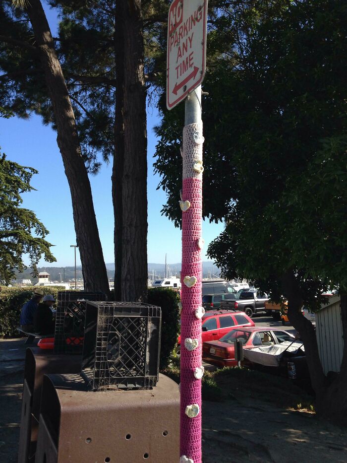A street pole with a No Parking sign is adorned with pink and white crochet with hearts. This wholesome pic is inspiring.