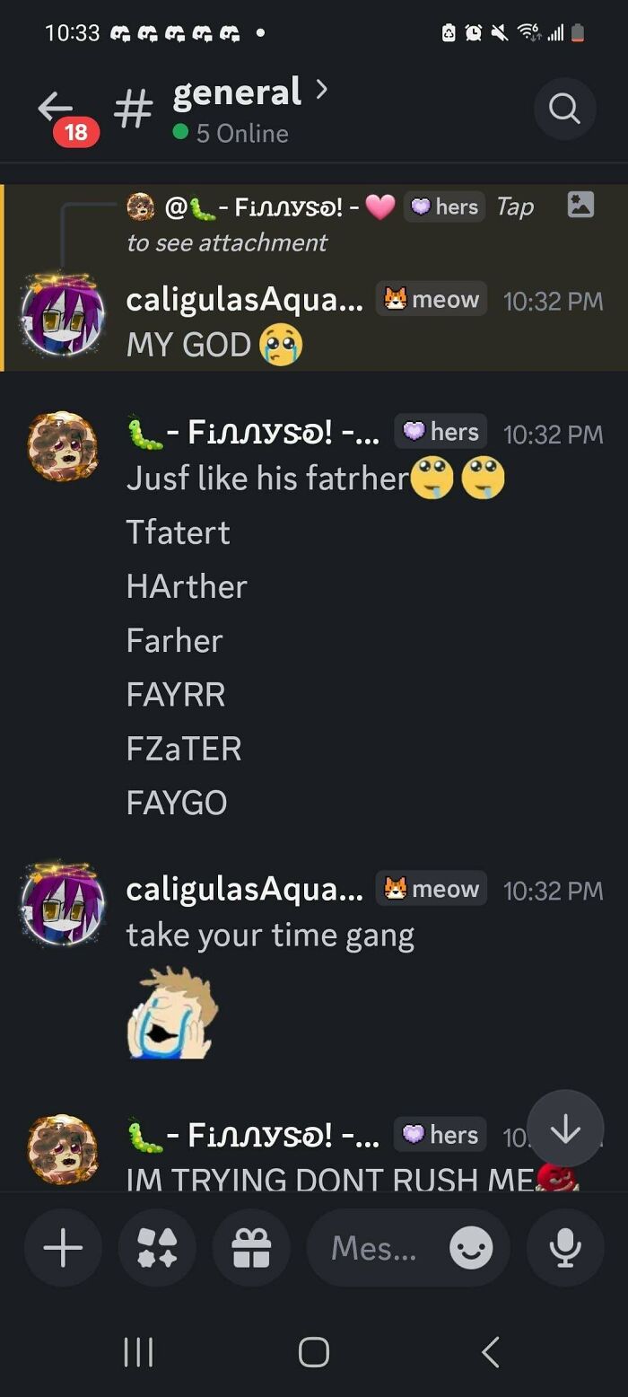 A Discord chat shows a user struggling with typos, making "fatrher" become "stroke," then many variations. Another user advises, "take your time gang."