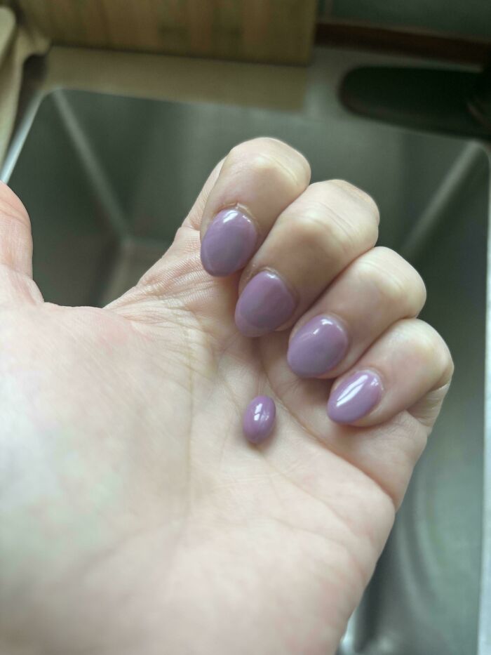 A hand with lavender nails holding a small matching lavender jelly bean, an accidental color match that may lower cortisol levels.