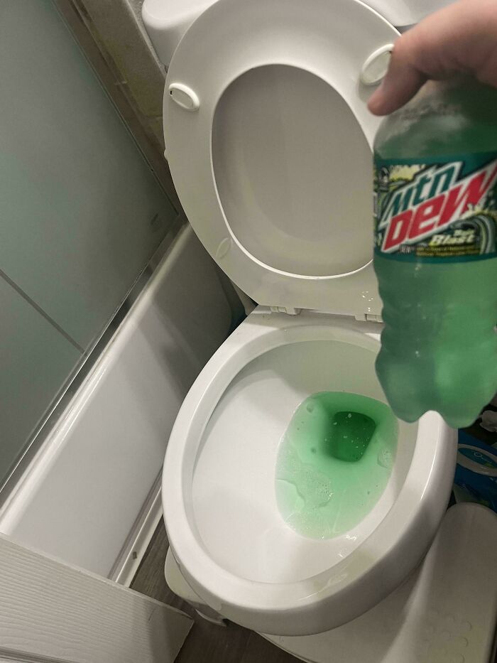 A satisfying photo of Mountain Dew poured into a toilet, creating an accidental color match that may lower your cortisol levels.