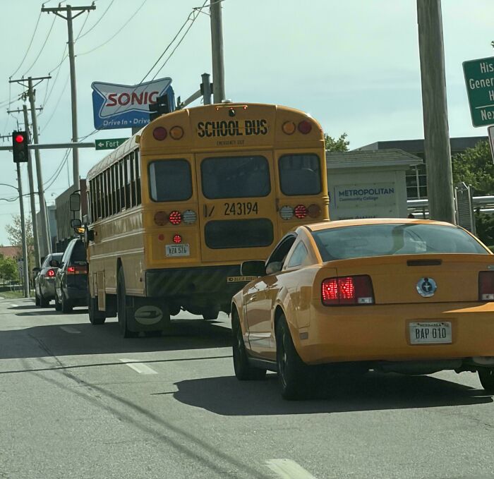 A yellow school bus and a matching yellow Mustang at a stoplight, an accidental color match that may lower cortisol.