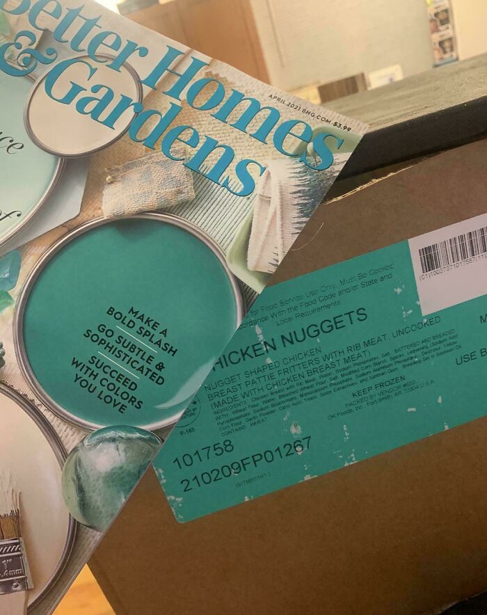 Accidental color matches: A teal paint sample and chicken nugget label align perfectly, lowering cortisol levels.