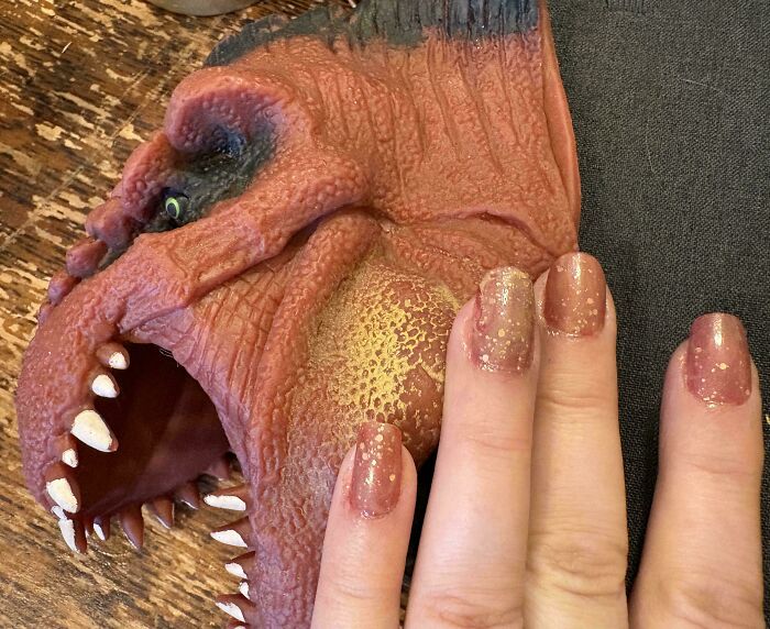 Accidental color match: fingers with glittery rose-gold nail polish next to a dinosaur toy head, lowering cortisol levels.