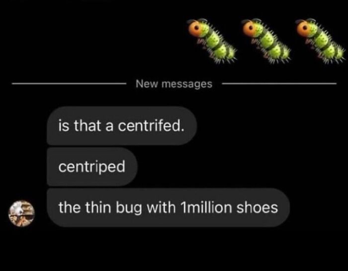 A chat with funny typos and three caterpillar emojis. The user describes a "centriped" as "the thin bug with 1million shoes," highlighting typos.