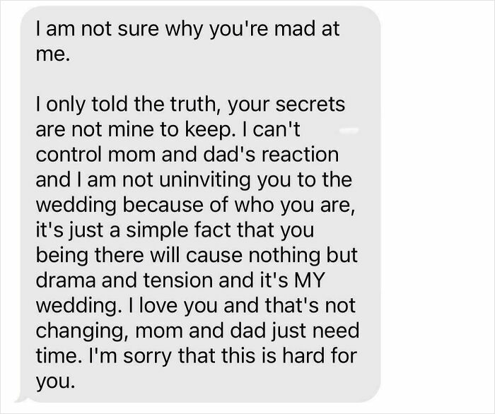 A text message from a bride to a wedding guest, explaining why they are not welcome. #LunaticBrides