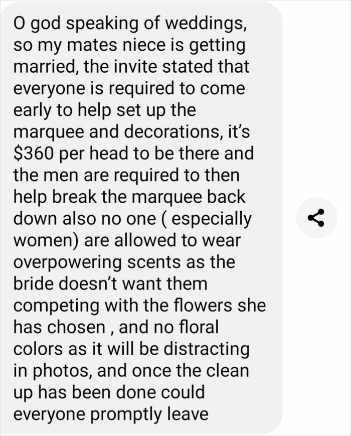 A text message detailing an exorbitant and demanding wedding invitation from lunatic brides shamed online.