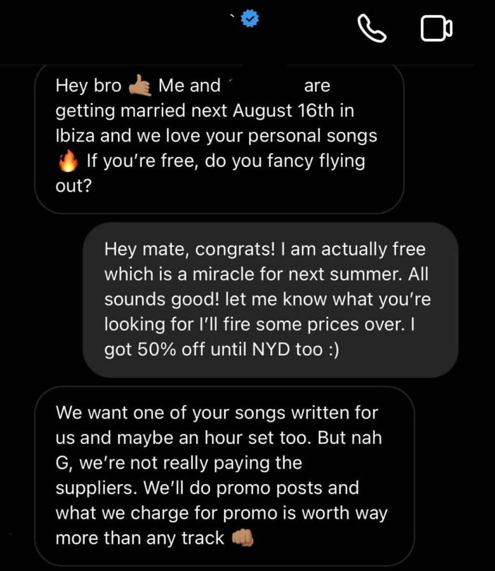A text message conversation showing a request to perform at a wedding without pay, highlighting brides out of touch with reality.