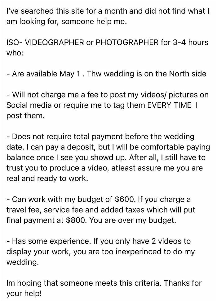 A post from a bride seeking a wedding videographer/photographer, highlighting challenging requirements and low budget, reflecting a common shamed online scenario.