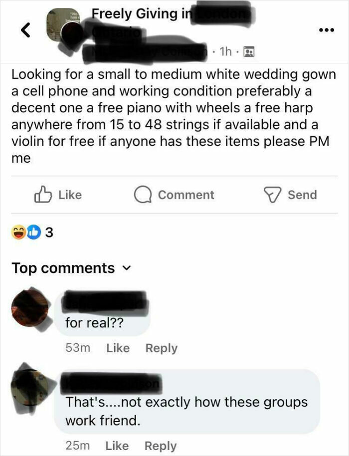 Facebook post from a bride requesting an array of free items, highlighting how out of touch with reality some brides are.