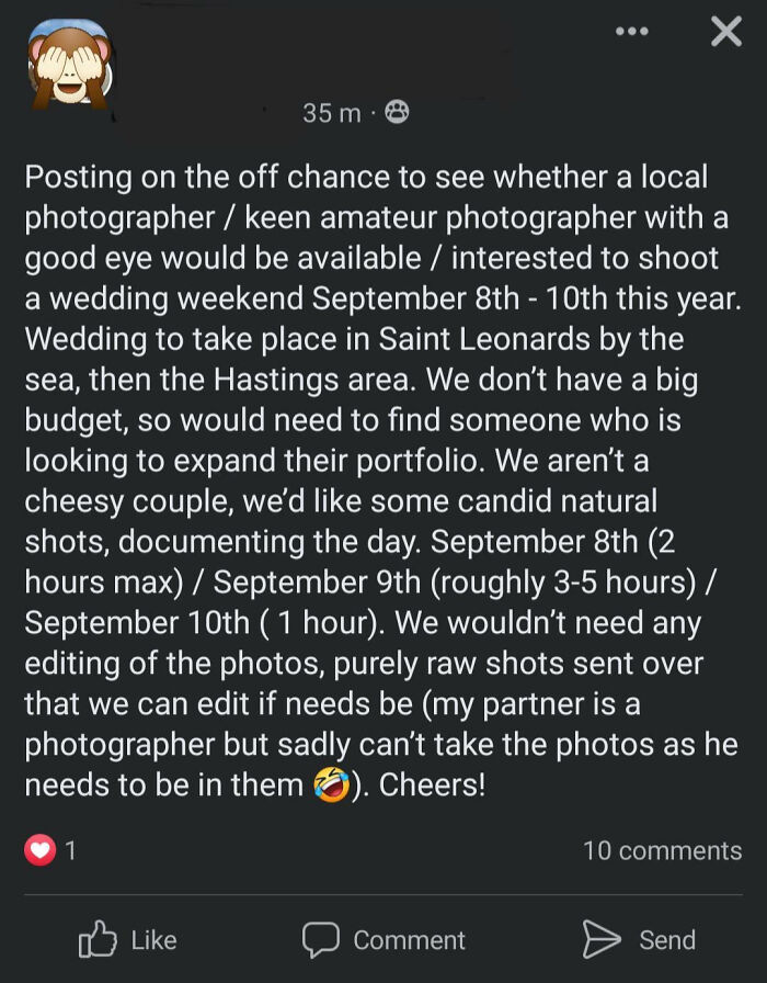A social media post from a user with a monkey emoji for a profile picture, seeking a wedding photographer. This could be one of the Brides shamed online.