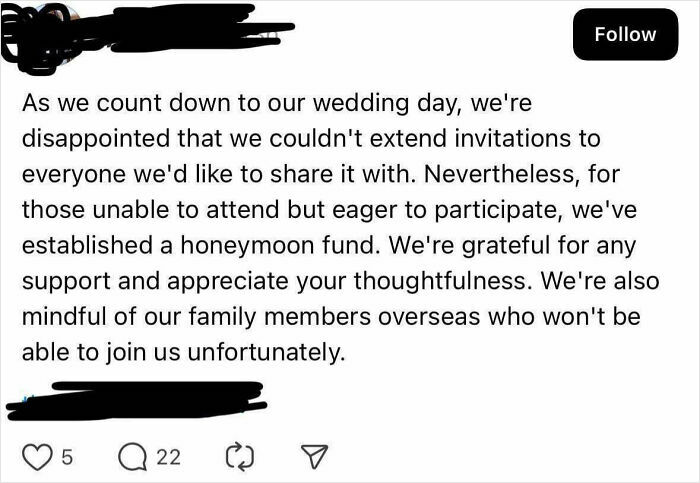 A social media post about a wedding day and honeymoon fund. This reflects brides who are out of touch with reality.
