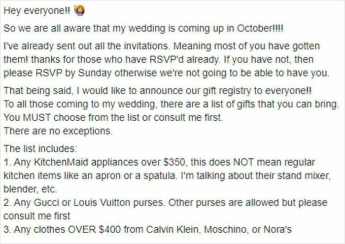 A detailed gift registry post demanding specific, high-value items, illustrating a bride out of touch with reality.