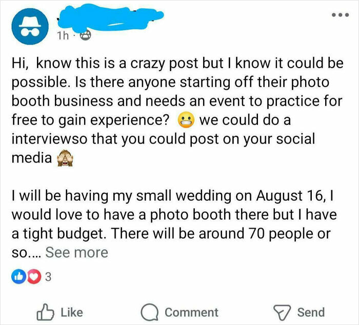 Facebook post by a user asking for a free photo booth for their small wedding, shamed online for being out of touch with reality.