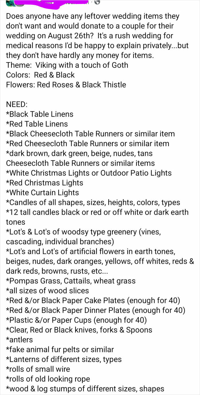 A detailed list of wedding items needed for a Viking/Goth themed ceremony. This reflects people being out of touch with reality.