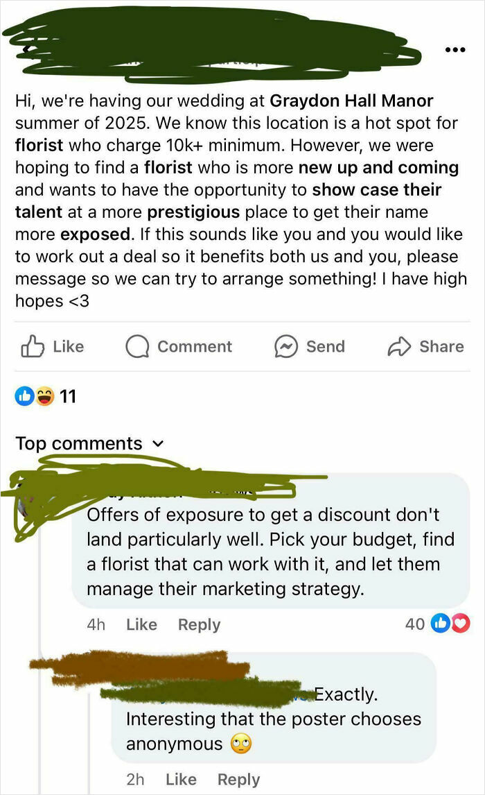 A Facebook post and comments, a bride being shamed online for being out of touch with reality, seeking a free florist for exposure.