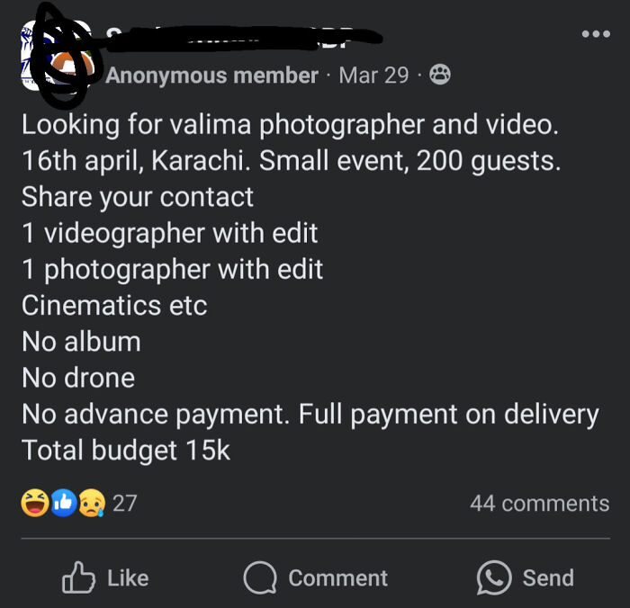 A social media post with a small budget for a wedding photographer and videographer, reflecting brides out of touch with reality.