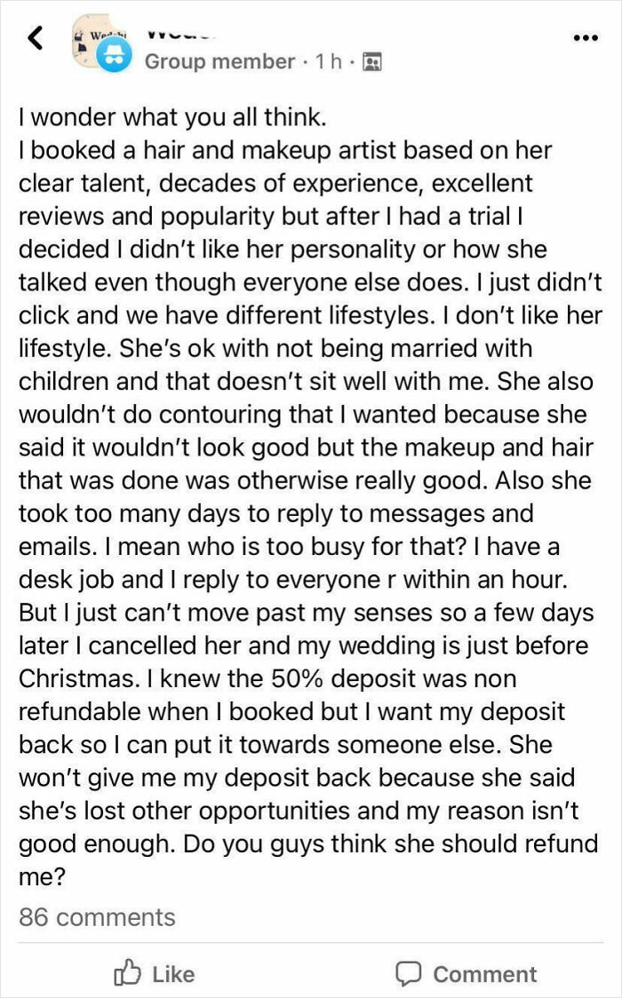 A Reddit post from a Lunatic Bride, shamed online for being out of touch, asking if she should get a refund for a cancelled makeup artist.