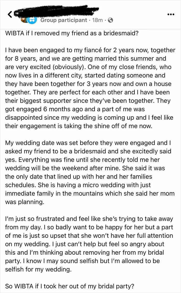 A social media post about brides shamed online for being out of touch with reality regarding wedding conflicts.