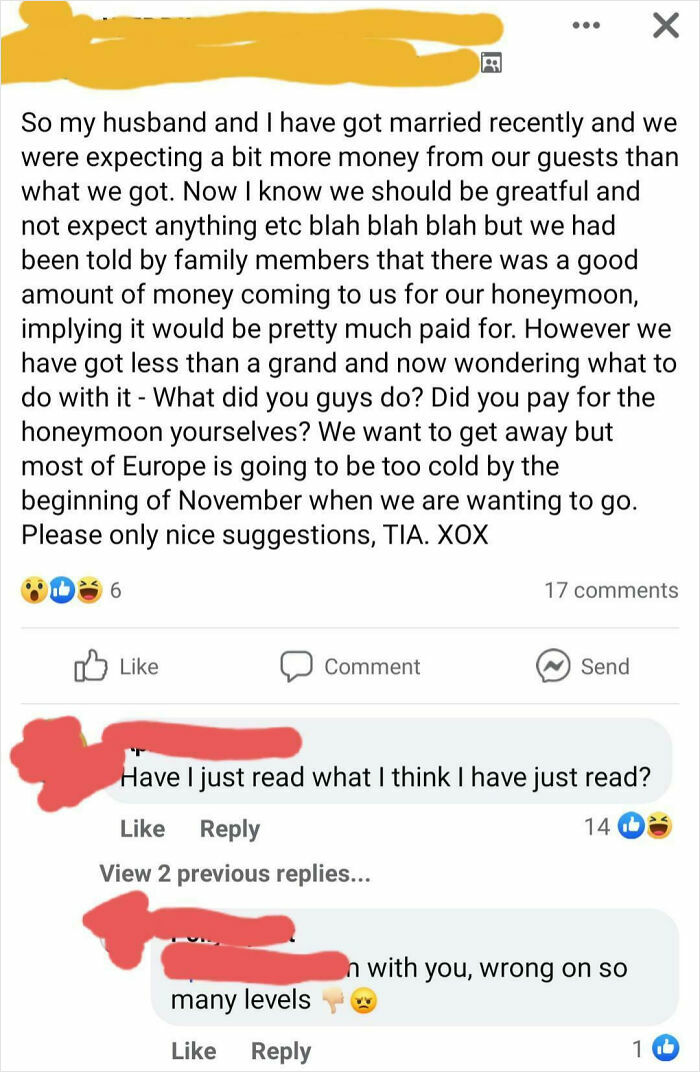 A Facebook post from a bride complaining about wedding gift money. This post exemplifies brides who are out of touch with reality.