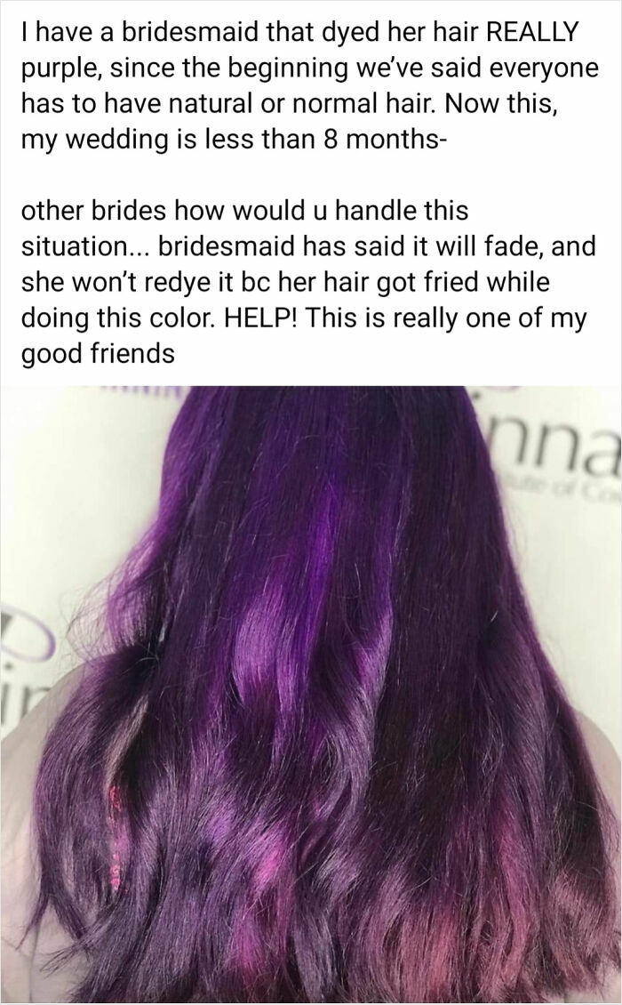 A bridesmaid's long hair, dyed vibrant purple with pinkish undertones, causing wedding shaming online due to being out of touch.