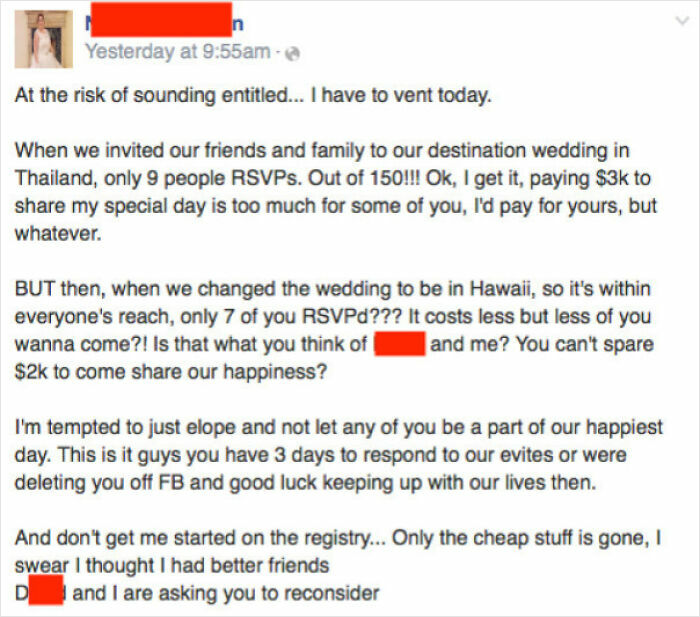 A Facebook post from a bride-to-be, venting frustration about low RSVP numbers for her destination wedding, shamed online.