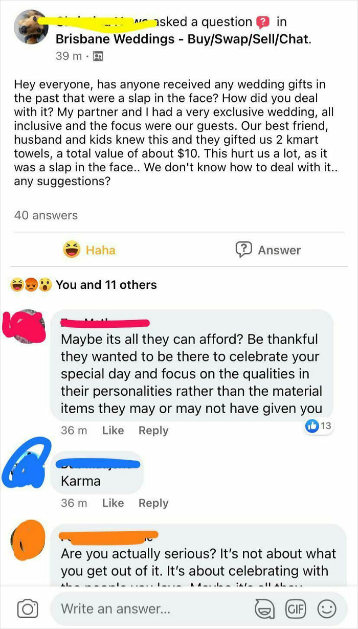 A social media post about lunatic brides shamed online for being out of touch, receiving an inexpensive wedding gift.