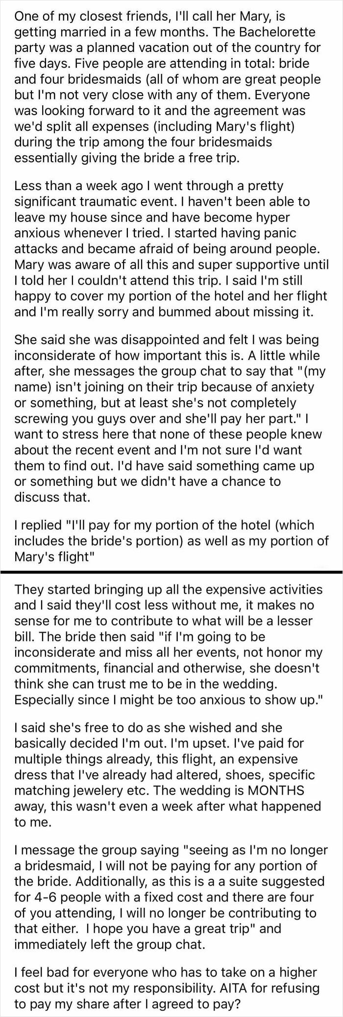 A Reddit post detailing a bridesmaid's dilemma and being shamed online for being out of touch with reality.