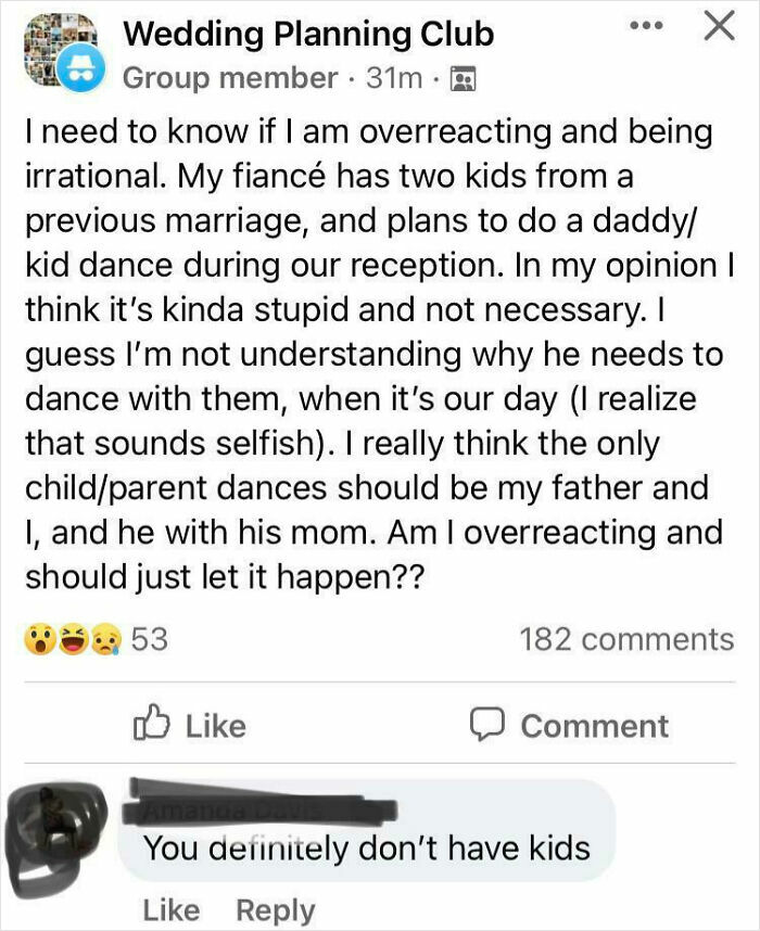 A Facebook post about a wedding reception, with a "lunatic bride" concerned about stepchildren dancing. Shamed online for being out of touch.