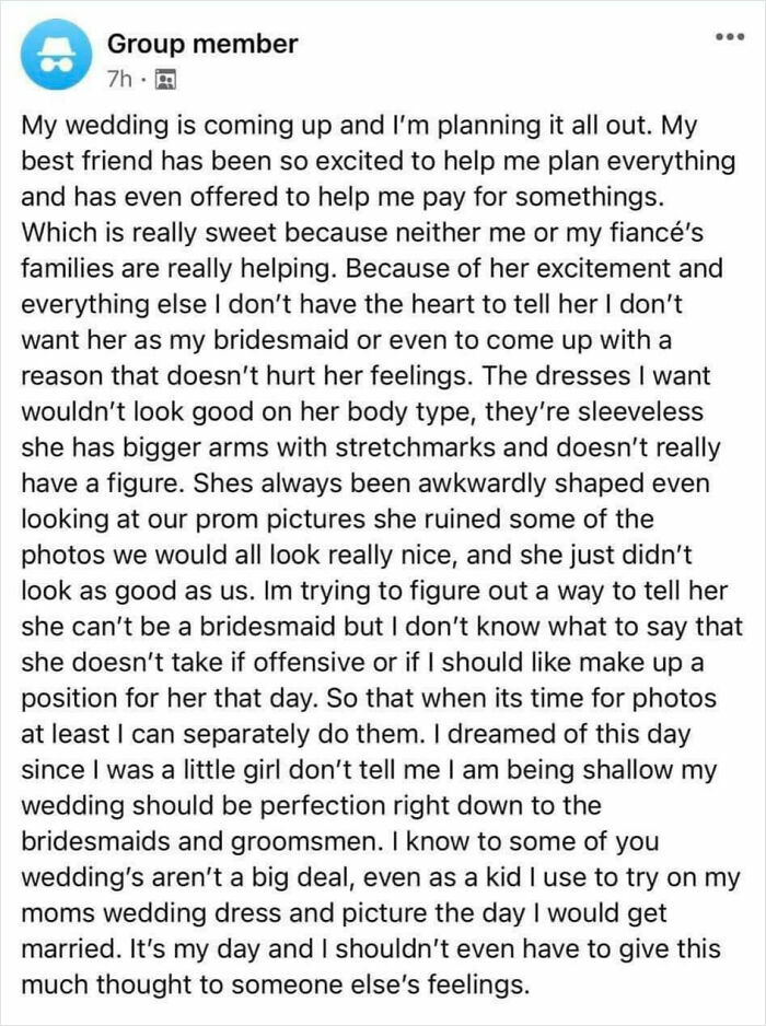 A social media post from a group member discussing a wedding dilemma, reflecting lunatic brides shamed online.
