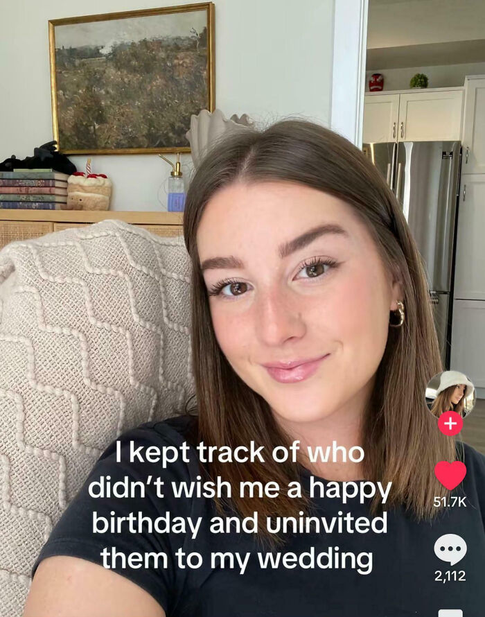 A young woman smiling at the camera, with text about uninviting people from her wedding. The post is about lunatic brides.