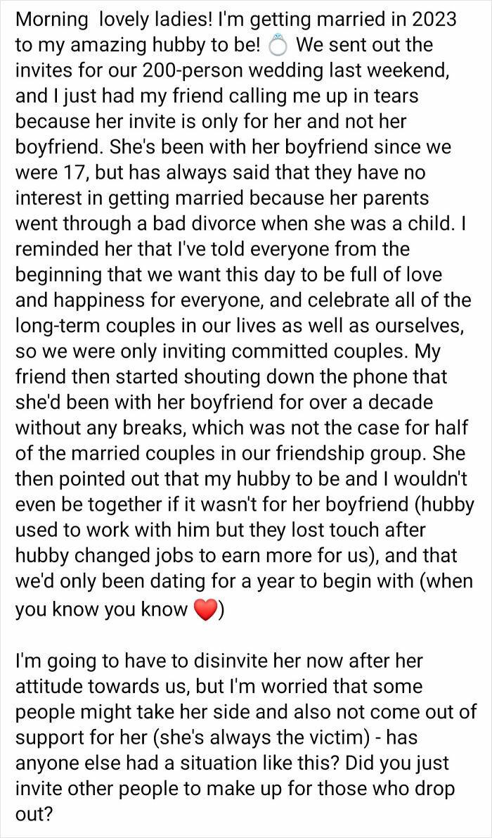Text from a social media post about lunatic brides out of touch with reality, discussing a wedding guest list drama.